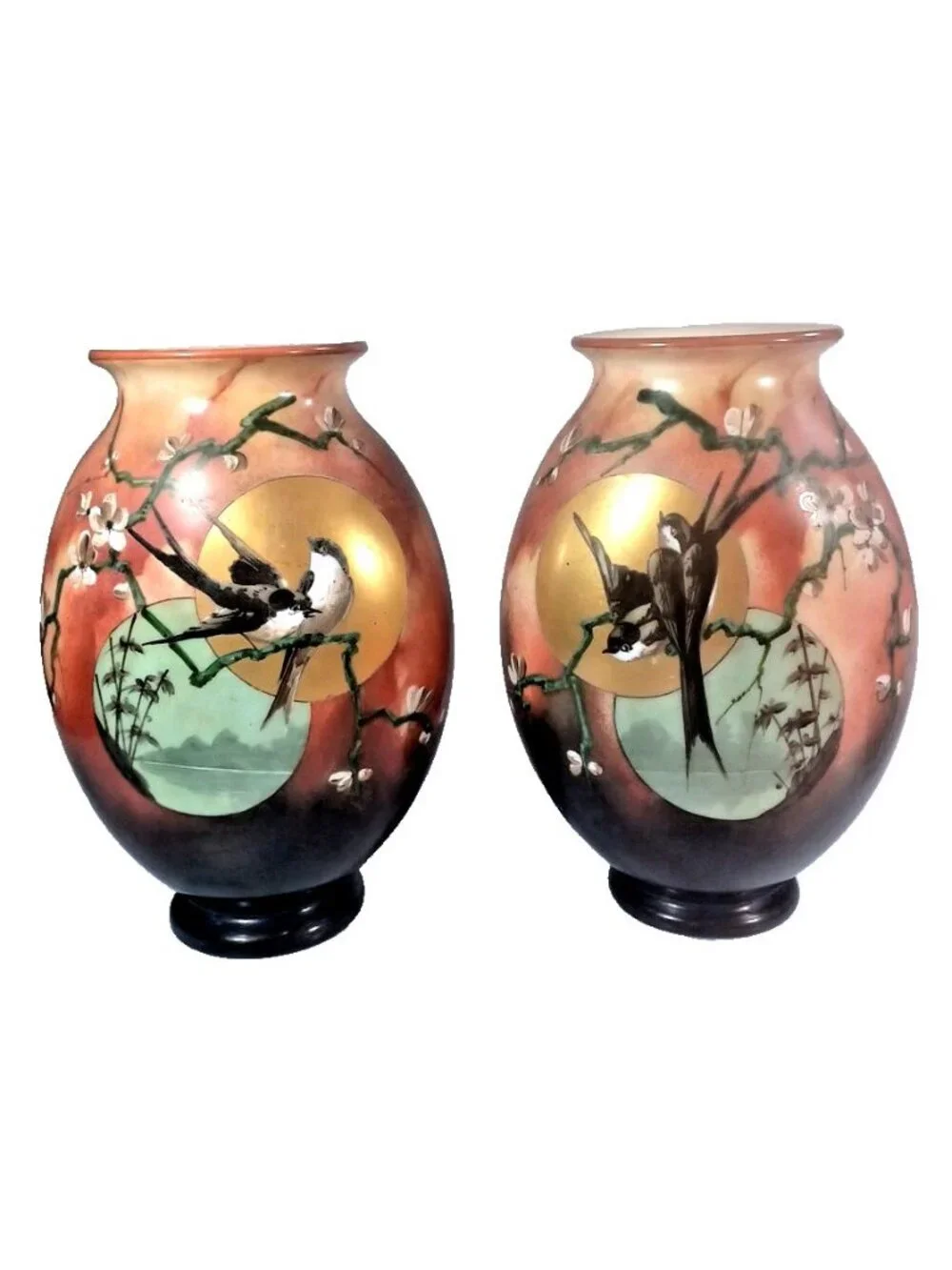 Antique Baccarat Daum Galle Opaline Art  Glass Vase Set Love Bird Apple Blossom